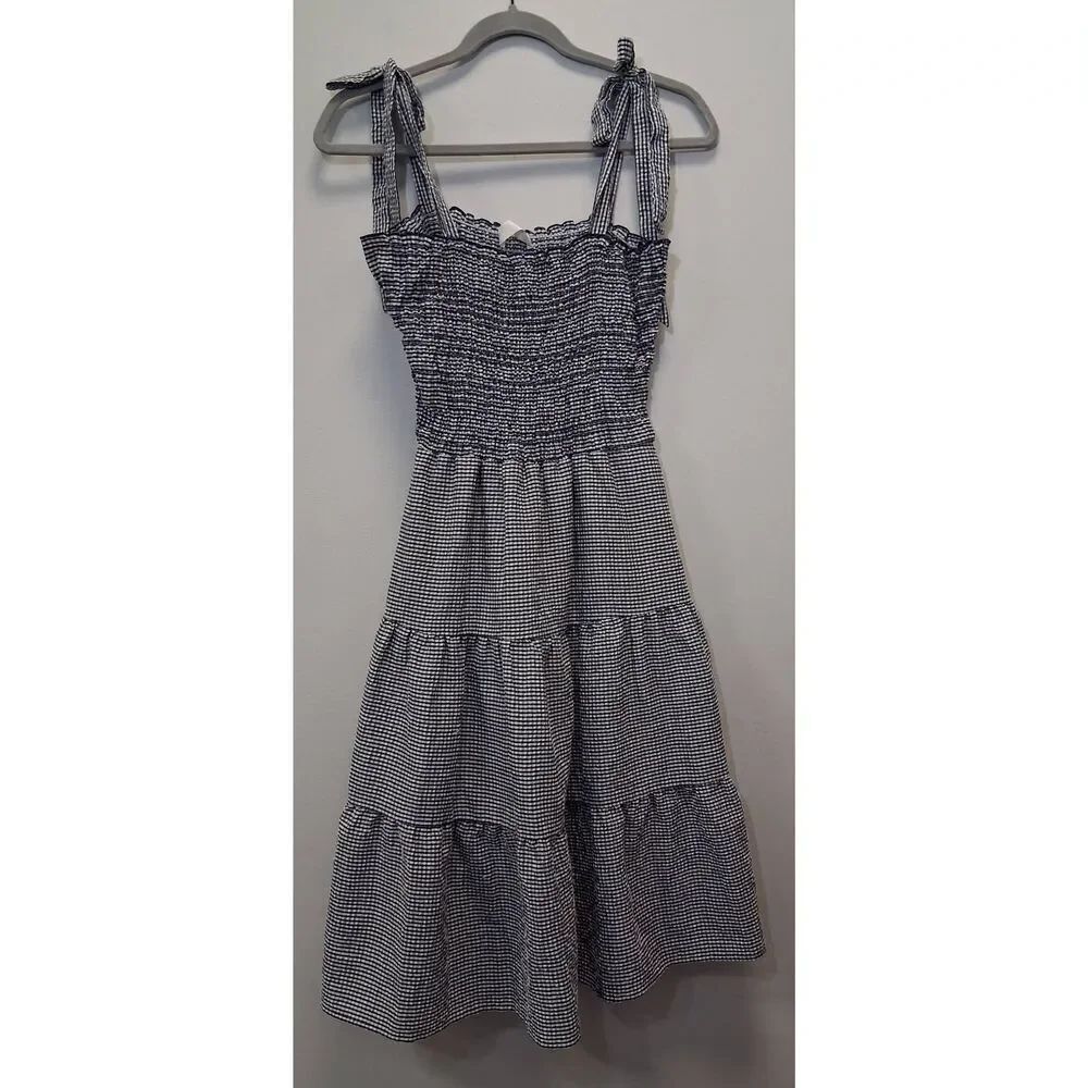 Heatherly womens small ruched midi dress gingham blue plaid tiered romantic